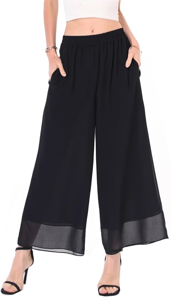 heipeiwa Women's Capris Crop Chiffon Pants Summer Beach Vacation Culottes Casual Dress Wide Leg Palazzo Pants