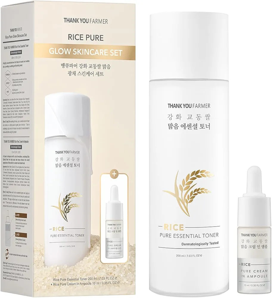 THANKYOU FARMER Rice Pure Skincare Set, Full Size Toner(7.03 fl oz) + Mini Size Ampoule(0.35 fl oz) Korean Skincare Set, Glass Skin Korean Skincare