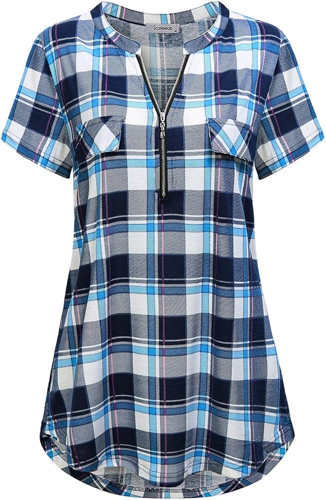 Women's Zip Up V Neck Short Sleeve Casual Tunic Shirt