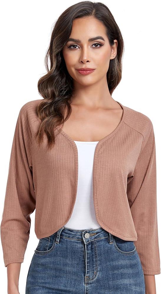 Women's Bolero Shrug Crop Cardigan Open Front Knit Sweater 3/4 Sleeve Tops