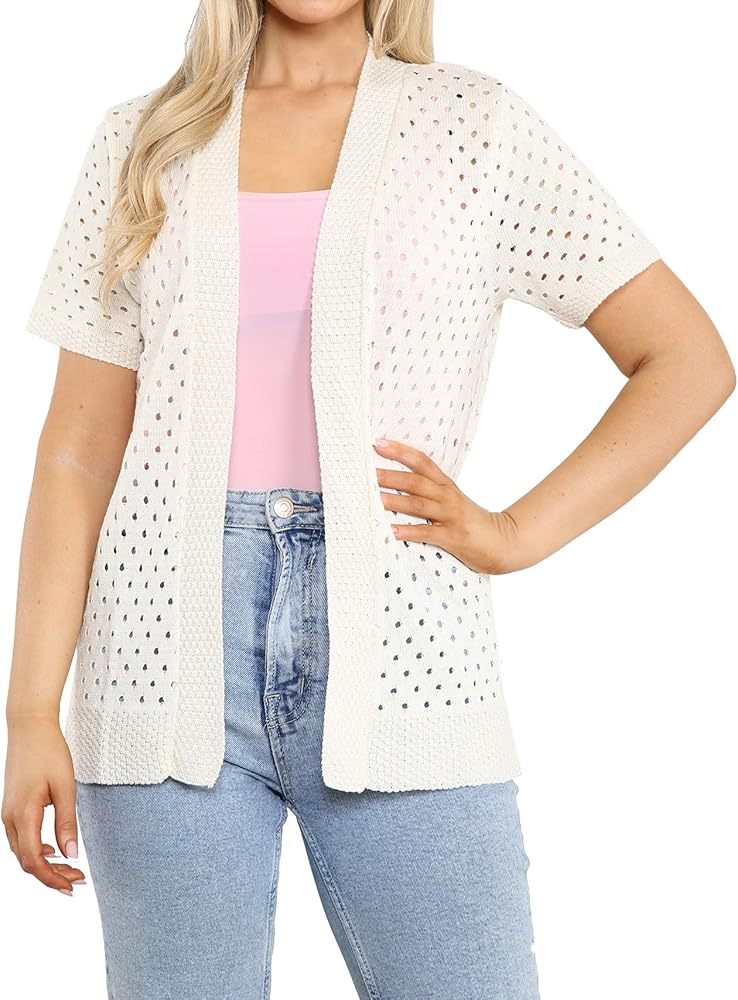 Loxdonz Women's Short Sleeve Knit Crochet Cardigan Sweaters Open Front Coat Summer Cardigan for Women