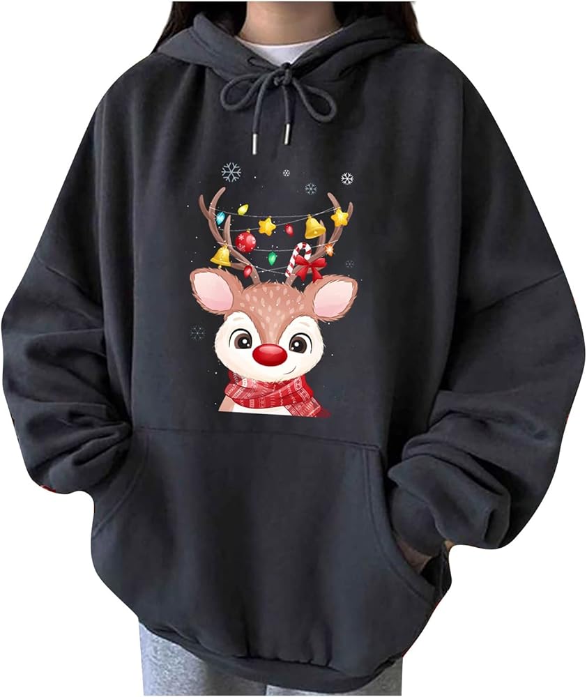 RMXEi Women's Padded Round Neck Long Sleeve Tops Christmas Cute Print Hooded Sweatshirt