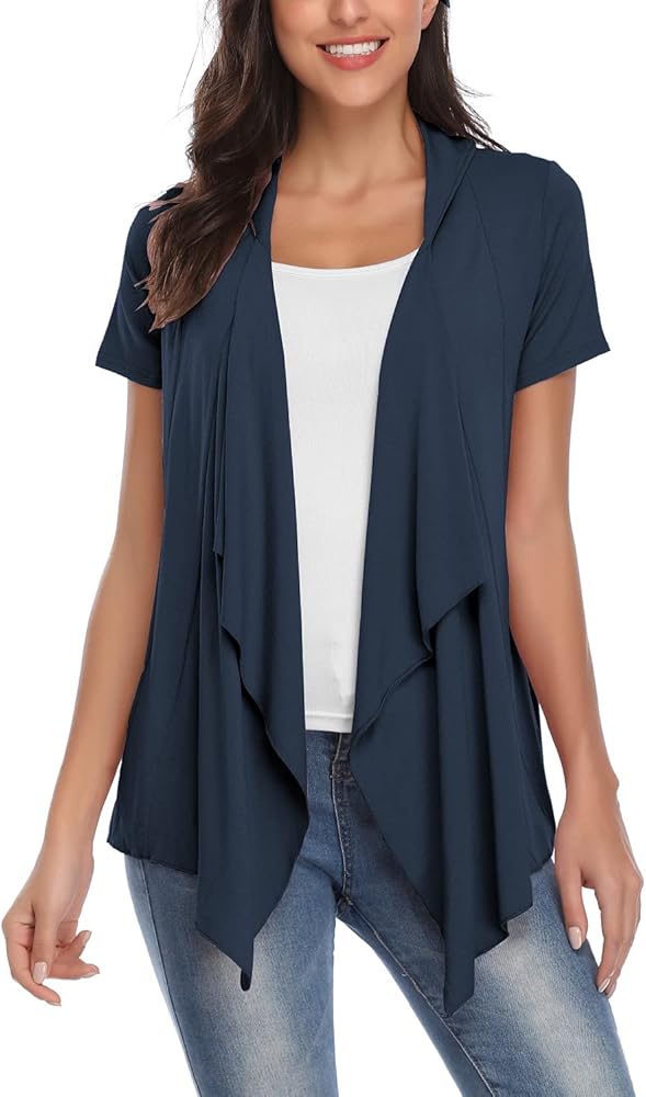 EXCHIC Womens Short Sleeve Open Drape Front Cardigan for Women Irregular Hem Summer Vest