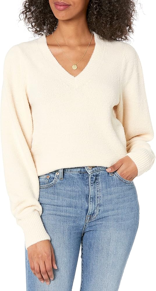 The Drop Women's Edith Pleated-Shoulder V-Neck Sweater