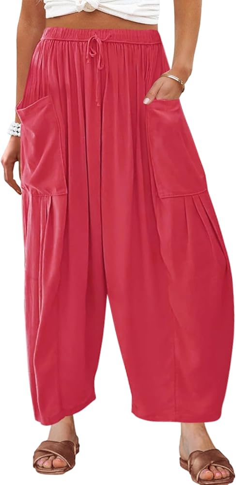 SENSERISE Womens High Waisted Linen Palazzo Pants Wide Leg Lounge Beach Harem Pants Baggy Trousers with Big Pockets