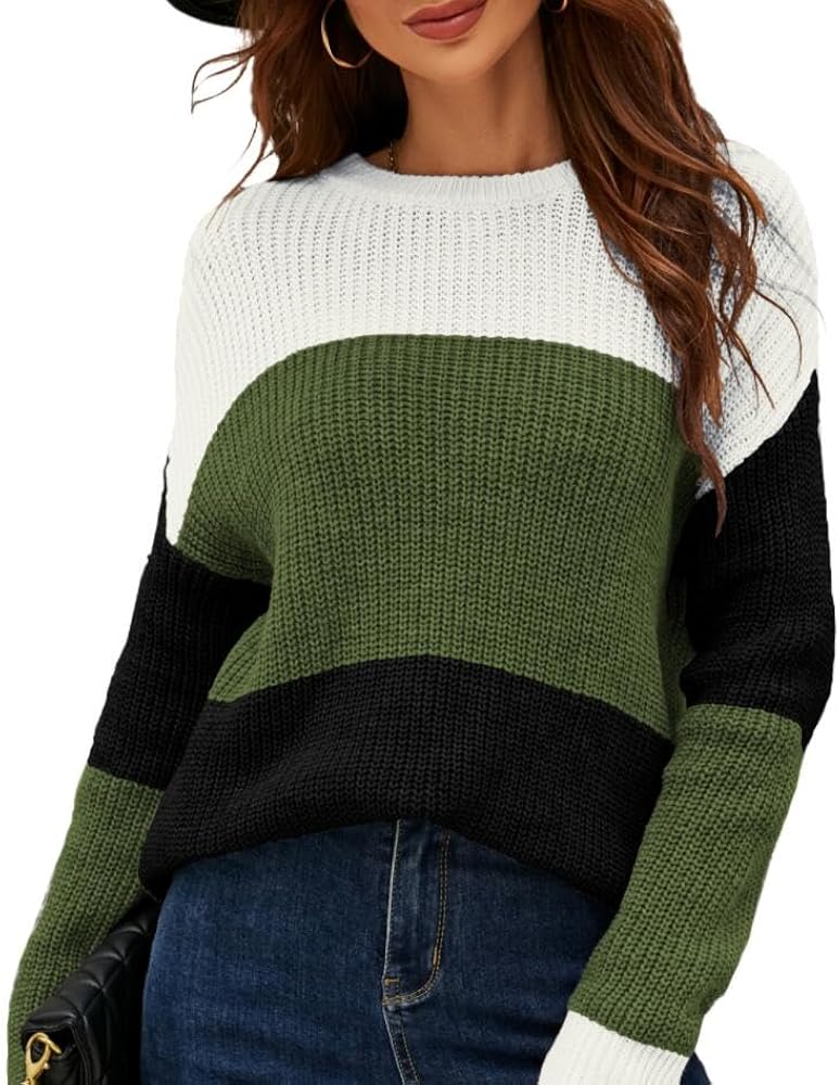 Women's Sweater Long Sleeve Fit Pullover Knit Crewneck Drop Shoulder Color Block