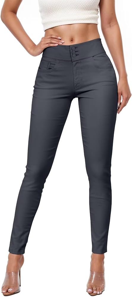 Hybrid & Company Womens Hyper Ultra Stretch Comfy Skinny Leg 3 Button Wide Waist Work Casual Pants