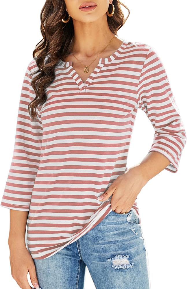 Womens Soft V Neck 3 4 Sleeve Tunic Top Striped Henley Shirts Blouses