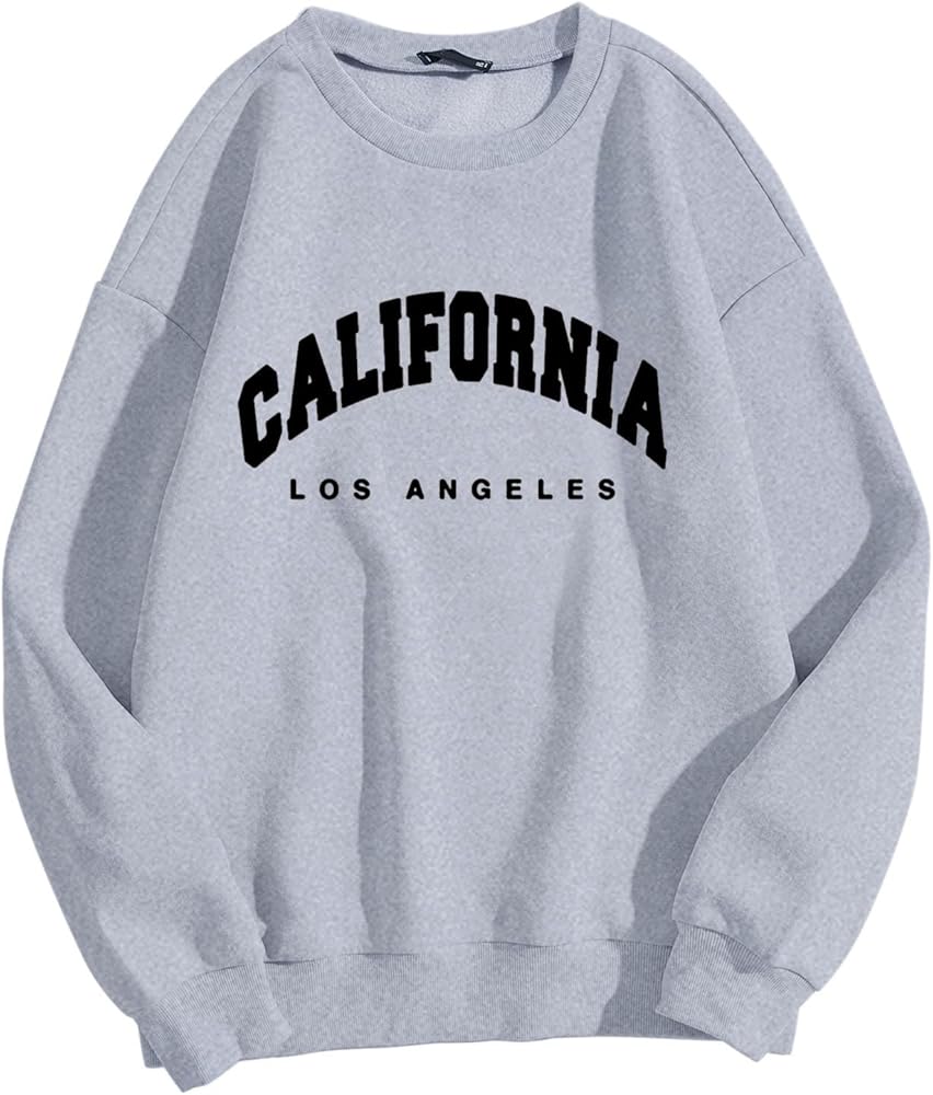 Womens Sweatshirts No Hood California Letter Print Long Sleeve Round Neck Pullover Warm Fleece Pullover Fall Winter 2023