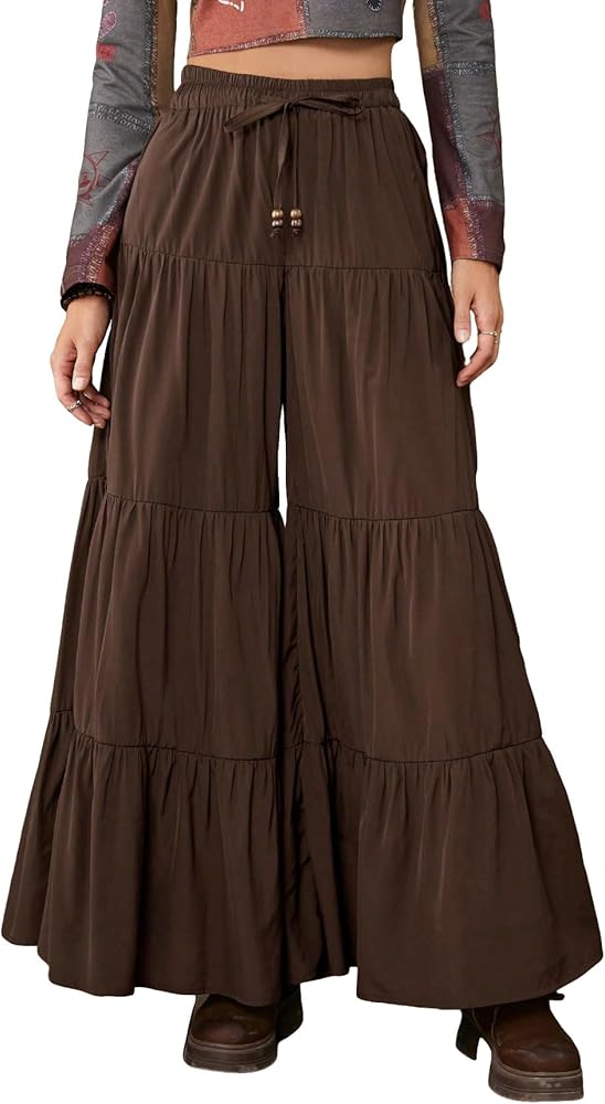 SHENHE Women's Tiered Ruffle Hem Wide Leg Pants Elastic Waist Flowy Palazzo Boho Pants