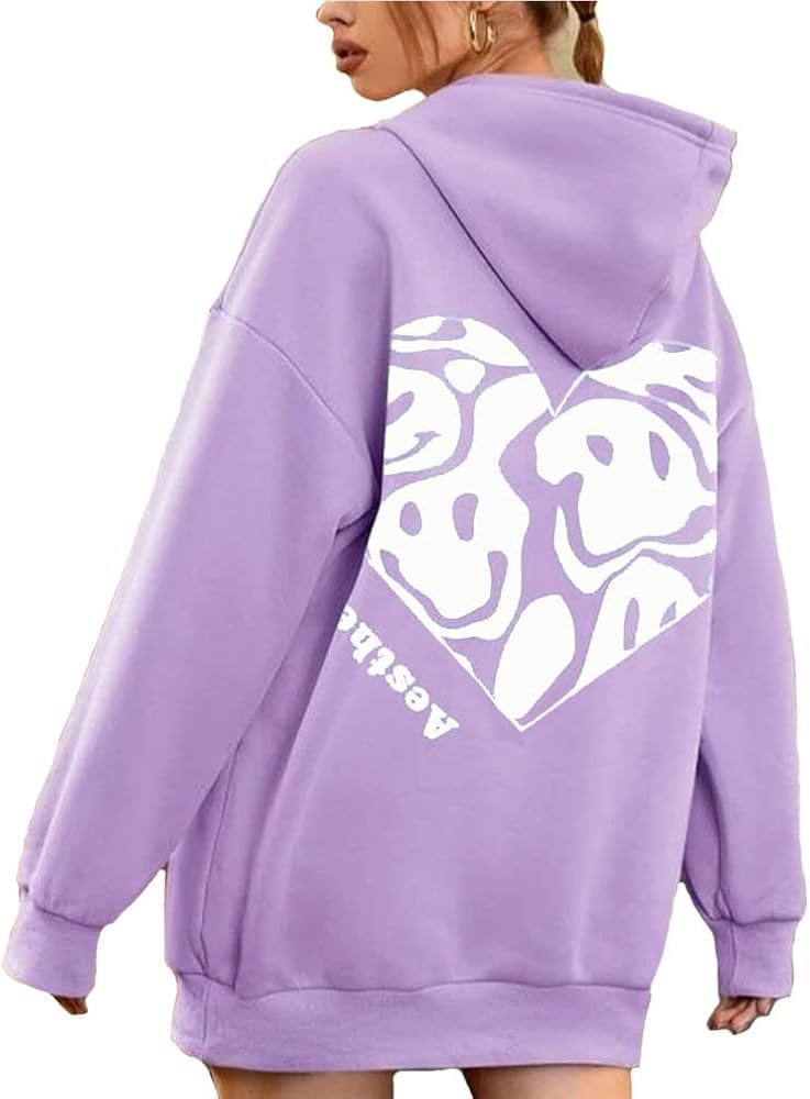 LOFAAC Women Oversized Fleece Letter Graphic Print Hoodie Sweatshirt Drop Shoulder Drawstring Hooded Pullover Jumper