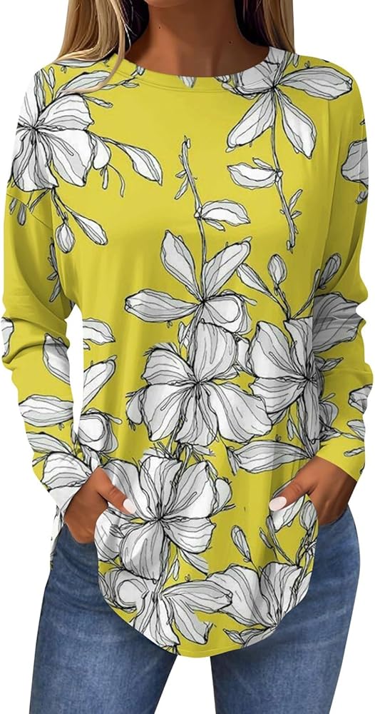 Womens Plus Size Tops Long Sleeve Blouses Cool Retro Floral Print Round Neck Tops Lightweight Vacation Shirts