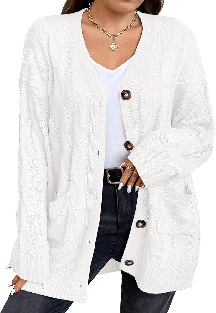 Plus Size Cardigan Cable Knit Sweater 2024 Fall Women's Cardigans with Pockets Classic Button Down Casual Outwear