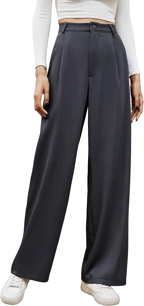 SweatyRocks Women's Casual High Waist Pleated Pants Solid Wide Leg Loose Fit Dress Pants