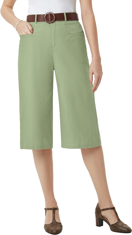 Belle Poque Womens Casual Capris Summer High Wiasted Wide Leg Capris with Pockets & Belt