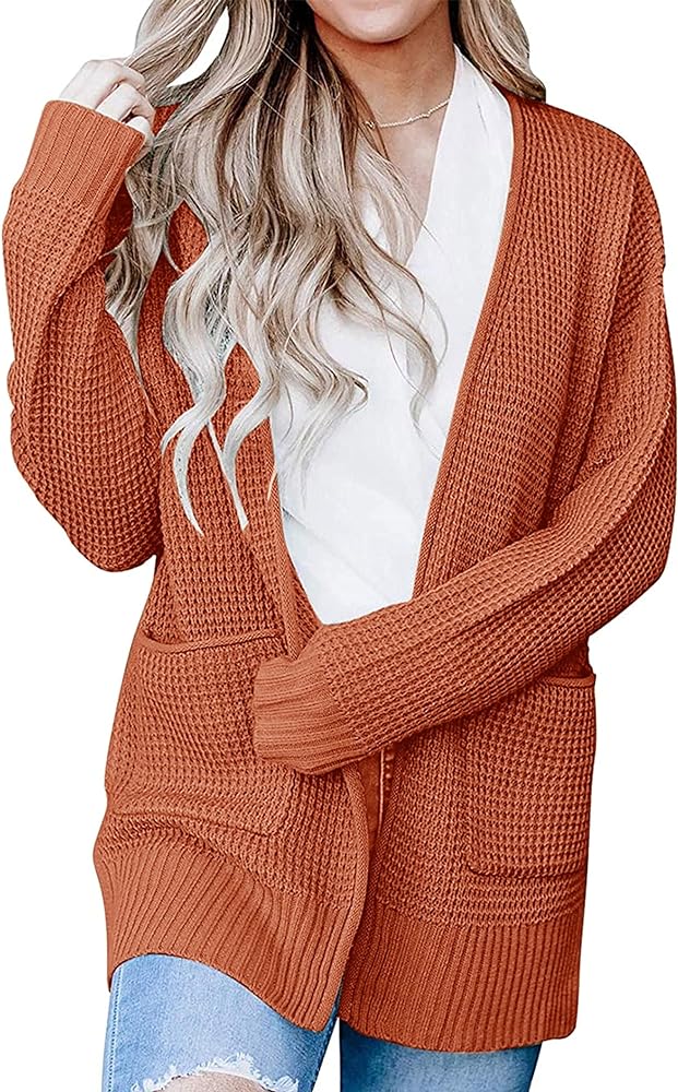 MEROKEETY Womens 2024 Long Sleeve Waffle Knit Cardigan Open Front Side Slit Sweater