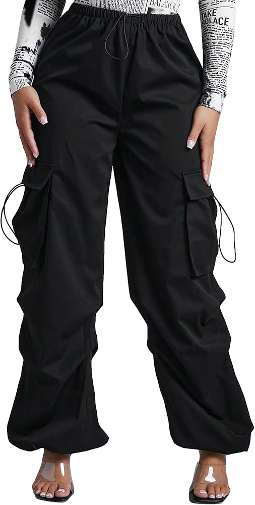 Verdusa Women's Drawstring Waist Ruched Parachute Pants Flap Pocket Loose Cargo Pants