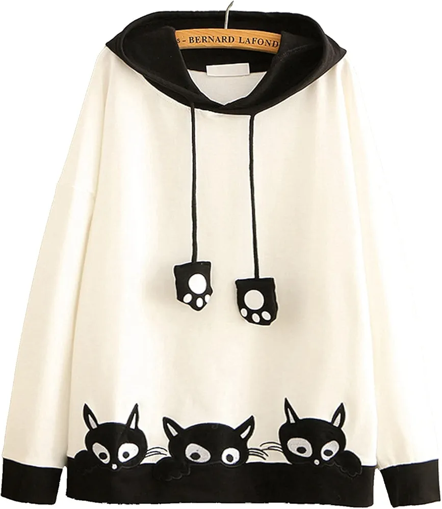 Kawaii Hoodie for Womens - Japanese Autumn Cute Cat Footprints Hoodie Long Sleeve Thin Sweater Girl Hoodie (Color : White, Size : Large)