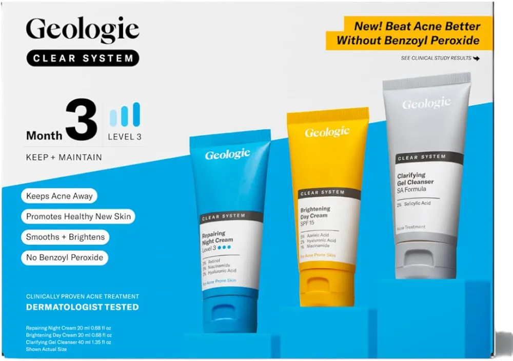 Geologie Clear System | 3-Step Acne Treatment & Skincare Set | Clears Skin Fast | Acne Gel Cleanser, SPF15 Day Cream & .3% Retinol Face Cream For Men & Women | Month 3+ / Level 3