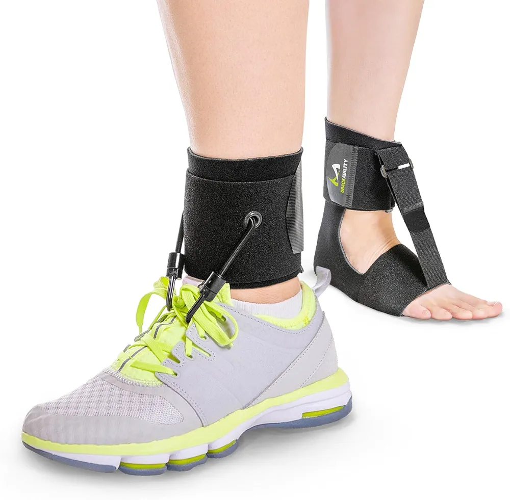 BraceAbility AFO Foot Drop Brace Bundle - Adjustable Ankle Foot Orthosis for Walking with Shoes + Barefoot Sock Drop Foot Support - Toe Lifter, Dorsiflexion Assist Fits Left or Right Foot (L/XL)