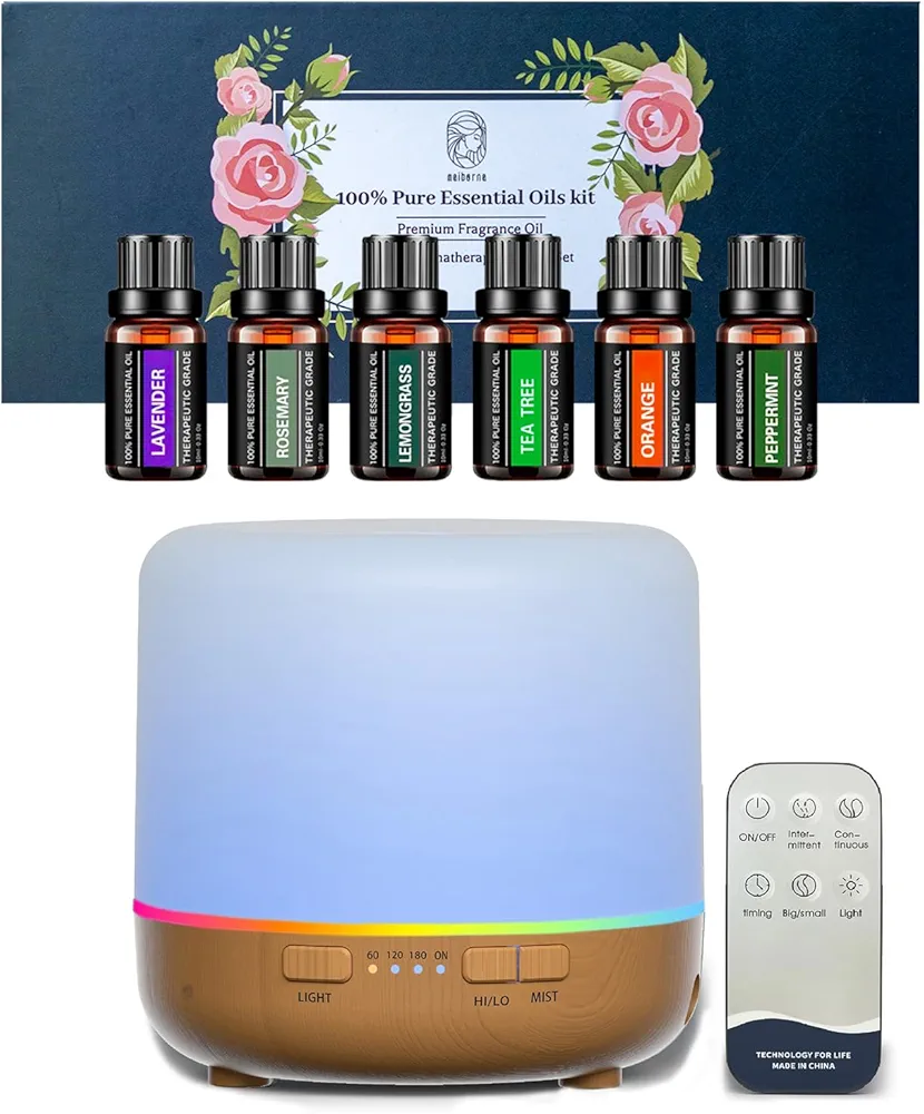 Scent Essential Oil Diffuser + Essential Oils Sets Pure Oils kit- Top 6 Aromatherapy Oils Gift Set-6 Pack