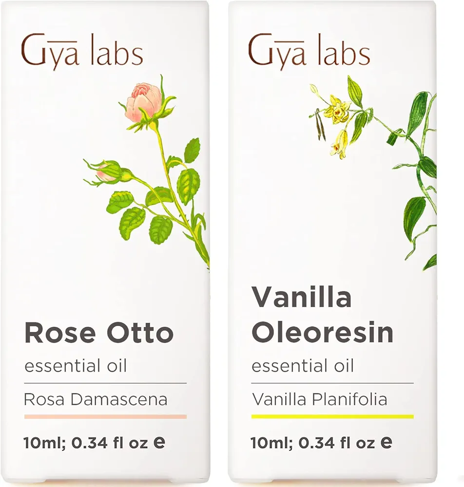 Rose Essential Oils for Skin Use & Vanilla Essential Oil for Diffuser Set - 100% Natural Aromatherapy Grade Essential Oils Set - 2x0.34 fl oz - Gya Labs