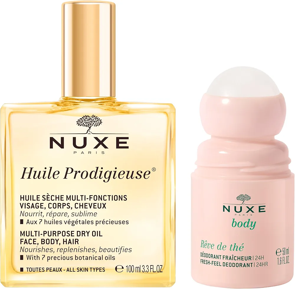 NUXE Huile Prodigieuse Multi-Purpose Dry Oil (3.3 Fl Oz) & Rêve de Thé Aluminum-Free Deodorant (1.6 Fl Oz) Skincare Duo for Nourished Skin & Long-Lasting Freshness