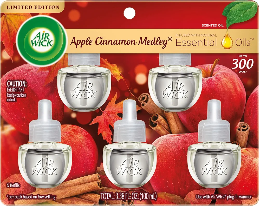 Air Wick Plug in Scented Oil Refill, Apple Cinnamon Medley, 5ct, Air Freshener, Essential Oils