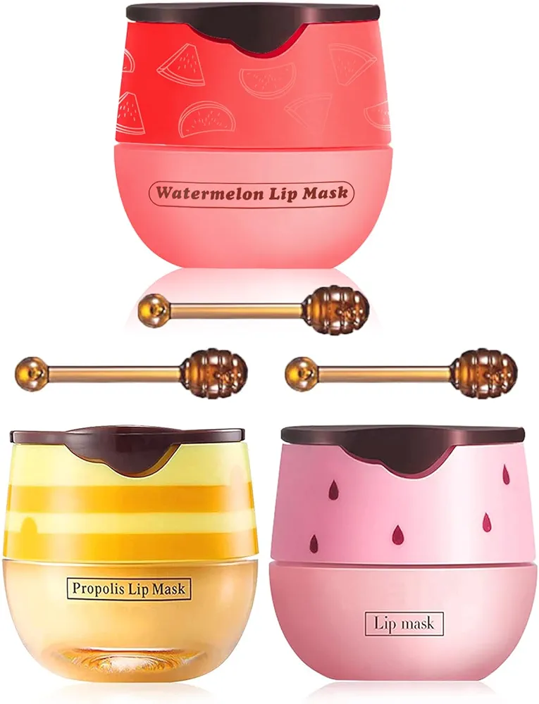 3 PCS Bee Lip Balm Honey Pot, Exfoliating Honey Strawberry Watermelon Lip Mask Overnight with Built-In Brush, Hydrating Prevention Dry and Crack Lip Scrubs Exfoliator Lip Wrinkle Care