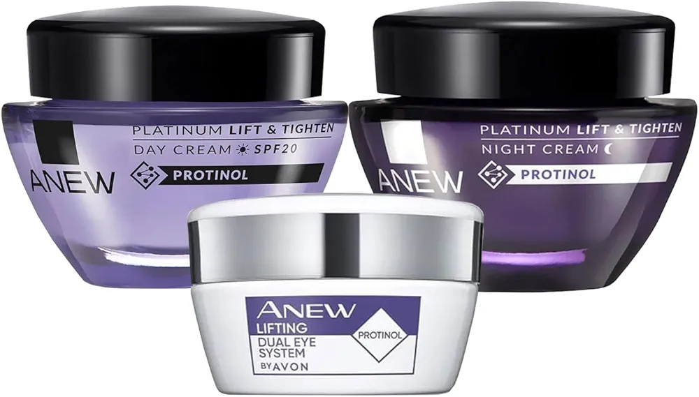 Avon Anew Platinum Day+Night+Eye Cream, Anti-Aging Skin Care (Ideal for age 50+) Set of 3 pack, Purple