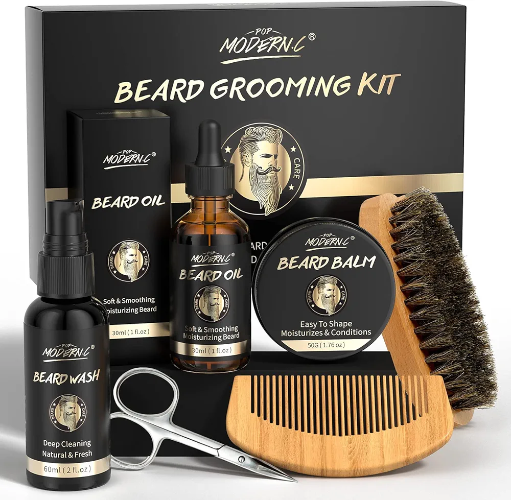 POP MODERN.C Beard Growth and Grooming Set - 6pcs Wash Shampoo, Oil, Balm, Comb, Brush, Scissors - Best Gift for Men