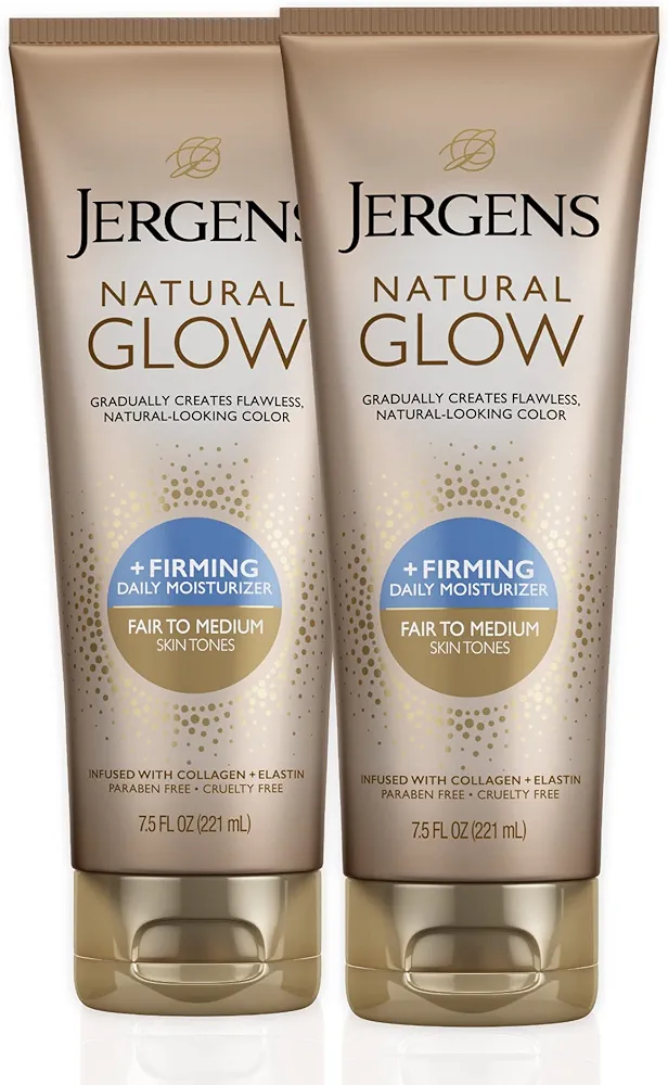 Jergens Natural Glow +FIRMING Self Tanner Body Lotion, Fair to Medium Skin Tone, Sunless Tanning Moisturizer with Collagen and Elastin. Helps to Visibly Reduce Cellulite, 7.5 Fl Oz (Pack of 2)