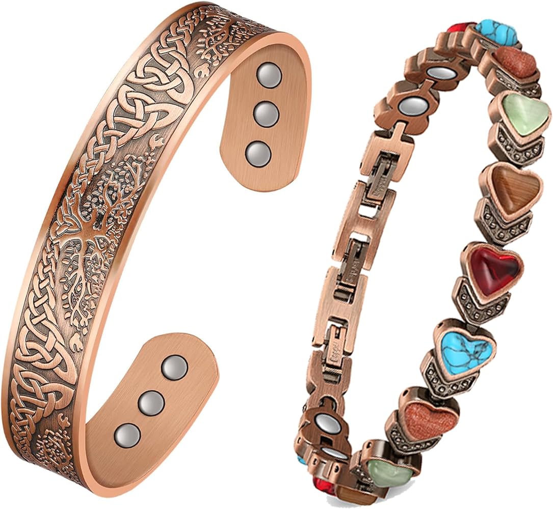 Feraco Copper Bracelet for Women-Pure Copper Magnetic Therapy Bracelets,Heart-Shaped Natural Turquoise Gem Magnetic Bracelets,Upgraded Version-3800 Gauss Effective Magnet-Bangle Gifts for Women