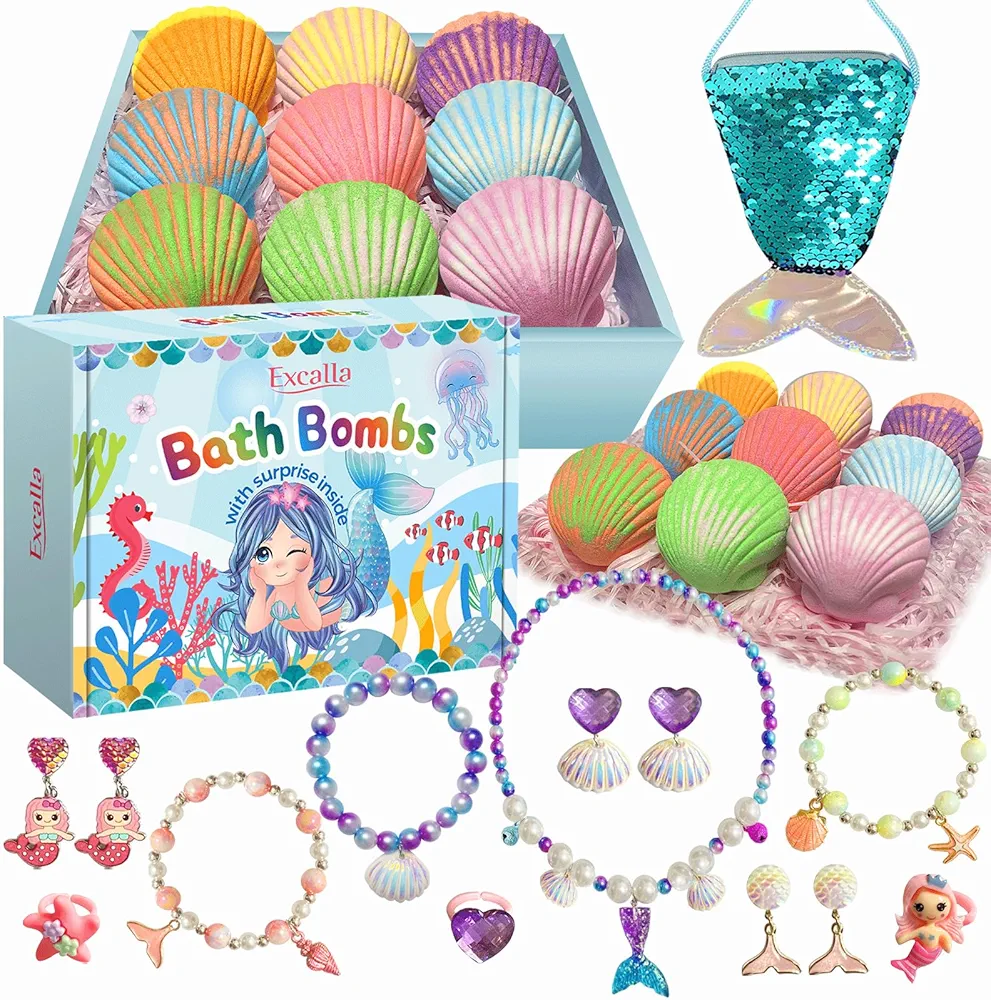 Mermaid Bath Bombs for Kids with Surprise Inside, 9 Pcs Natural Handmade Fizzy Shell Bubble Bath Bomb Kit for Girls with Jewelry Toys, Pefect for Christmas Easter Birthday Gift Princess Party Favor