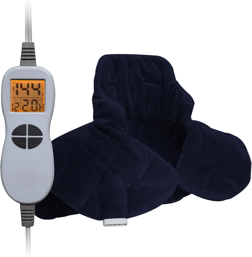 19''x24'' Soft Microfiber Weighted Neck & Shoulder Heating Pad, 2.5lbs with 12 Temperature Settings & 4 Auto-Off Timers with Countdown Display(Navy Blue)