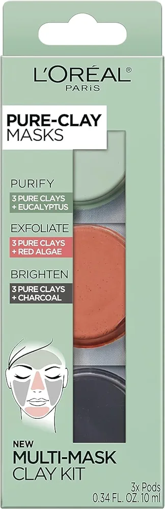 L'Oréal Paris Skincare Pure-Clay Face Mask Trial Size Set, Includes 3 Different Face Masks Made With Charcoal, Red Algae and Eucalyptus, Set