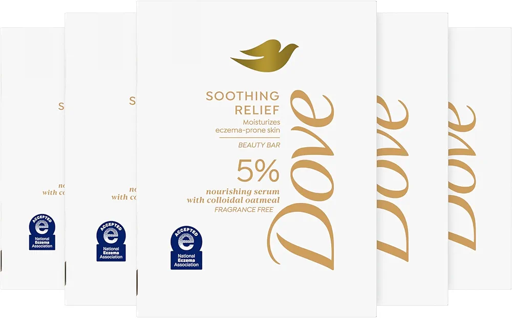 Dove Fragrance Free Beauty Bar Soothing Relief 5 Bars Moisturizes eczema-prone skin 5% nourishing serum with colloidal oatmeal 3.75oz