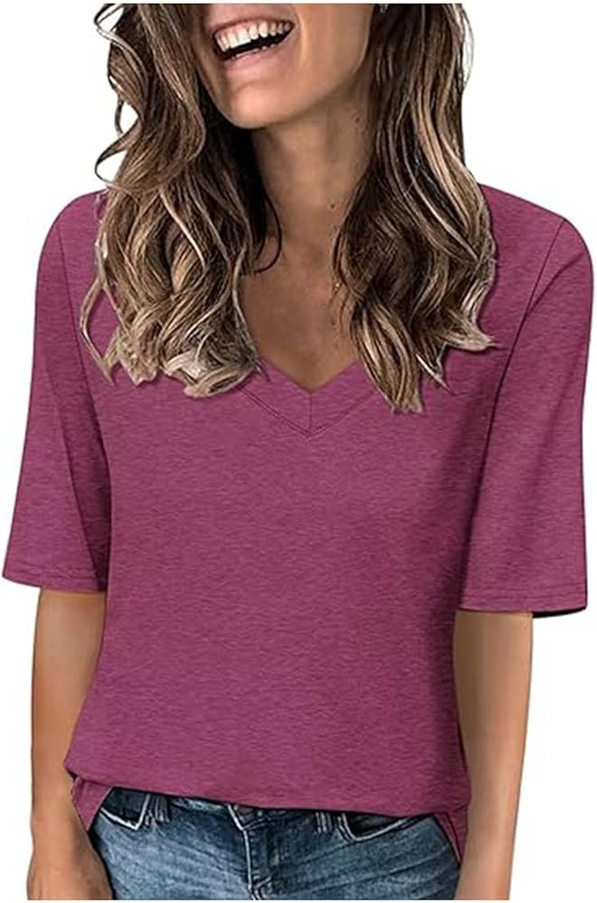 Ladies Tops and Blouse 1/2 Sleeve Summer Shirts Solid Color Basic Tops Casual Tee Shirts Loose Fitted Tunic Tops