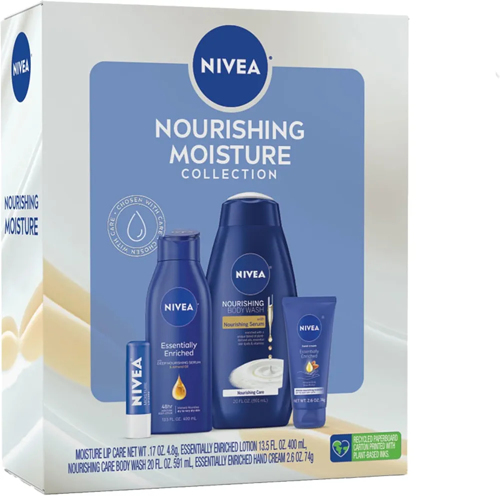 NIVEA Skin Care Set For Her, Nourishing Body Wash, Moisturizing Body Lotion, Lip Balm Stick with Shea Butter, & Multi Purpose Face, Body & Foot Cream, 4 Piece Gift Set