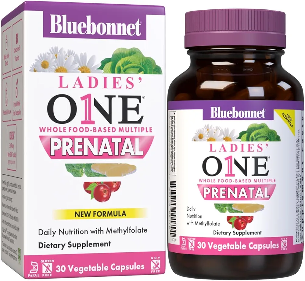 Bluebonnet Nutrition Ladies’ One Prenatal Whole Food-Based Multiple, Daily Nutrition*, Prenatal & Postnatal Health*, Non-GMO, Kosher, Gluten-Free, Soy-Free, 30 Vegetable Capsules, 30 Servings