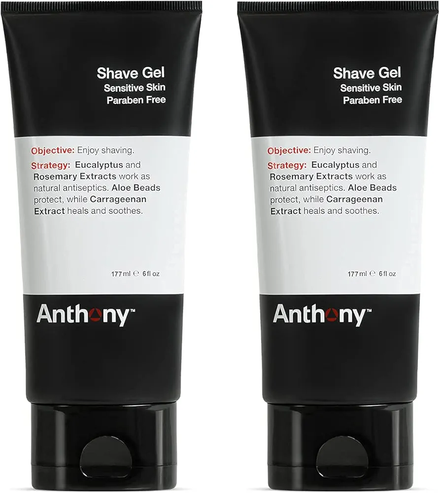 Anthony Shave Gel for Sensitive Skin – Non-Foaming, Soothing Shaving Cream for Men and Women. With Aloe Vera Beads, Eucalyptus, Rosemary and Carrageenan Extract - 6 Fl Oz (2 Pack)