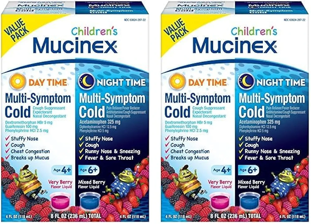 Mucinex Children's Multi-Symptom, Day/Night Liquid, Berry, 8oz (Pack of 2)