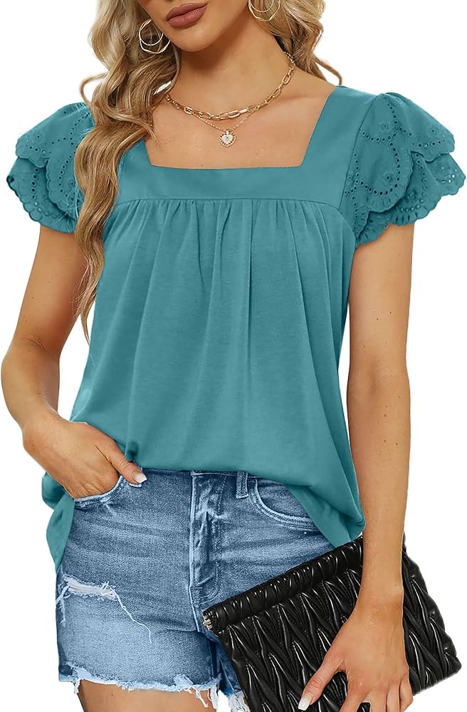 WIHOLL Short Sleeve T Shirts for Women Dressy Casual Flutter Sleeve Tops Elegant S