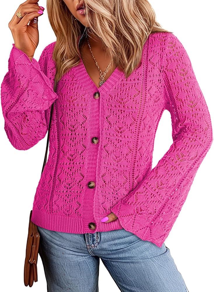 Dokotoo Cardigan Sweaters for Women Long Sleeve Shirts Lightweight Cardigan Button Down Crochet Tops Fall Outfits 2024