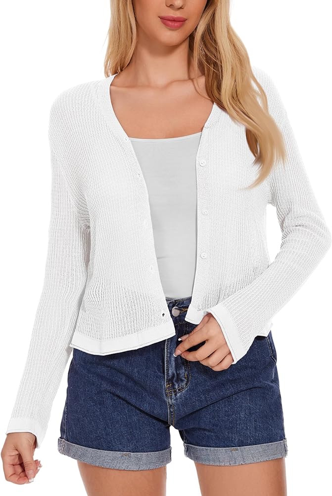 Women's Summer Lightweight V Neck Button Down Long Sleeve Cardigan Sweater