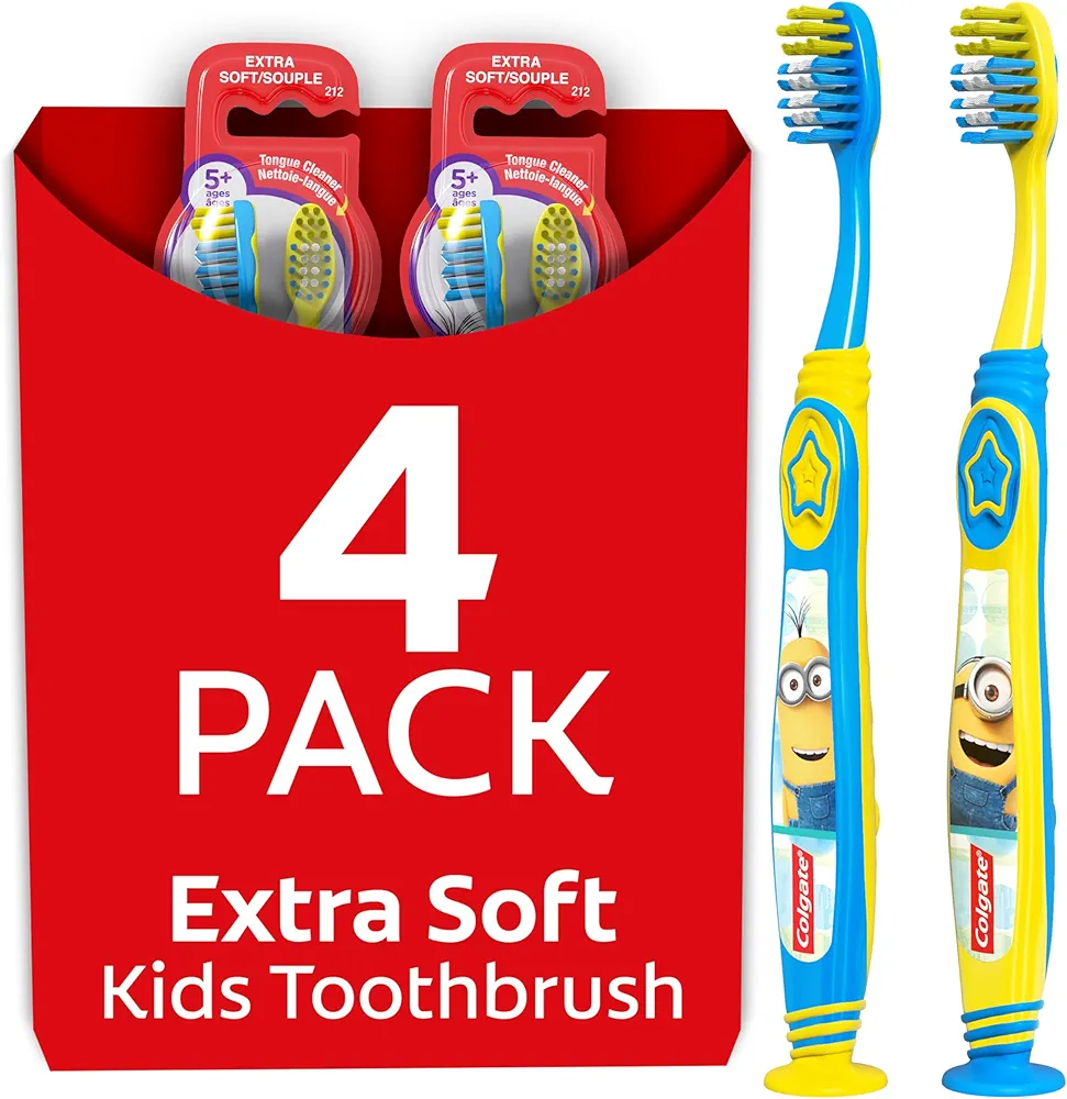 Colgate Kids Toothbrush, Minions, With Extra Soft Bristles and Built In Suction Cup Holder, 4 Pack