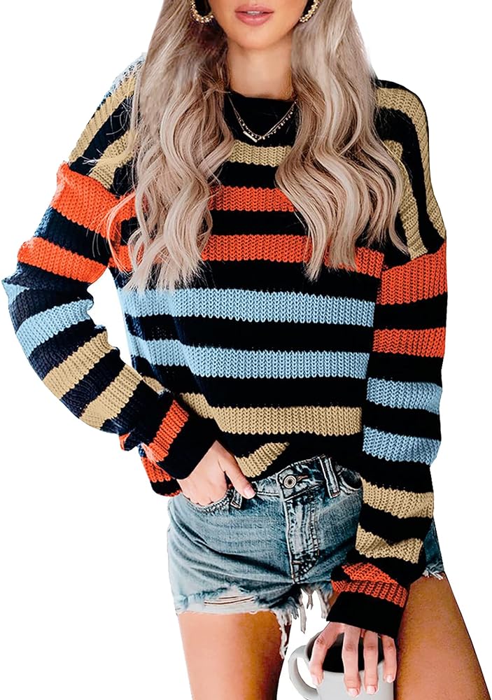 KIRUNDO Women's 2024 Fall Winter Striped Color Block Short Sweater Long Sleeve Crew Neck Casual Loose Knit Pullover Tops