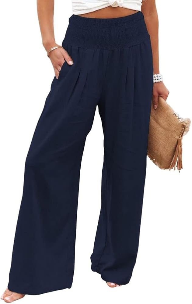 utcoco Womens Wide Leg Linen Palazzo Pants Casual Elastic Waisted Loose Fit Trousers