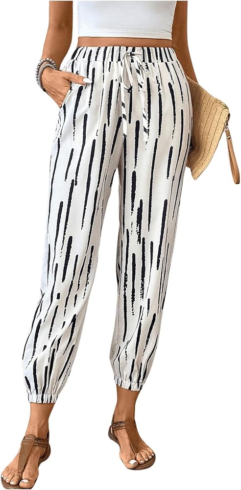 Women's Striped Elastic High Waisted Pants Tie Front Casual Cropped Pants