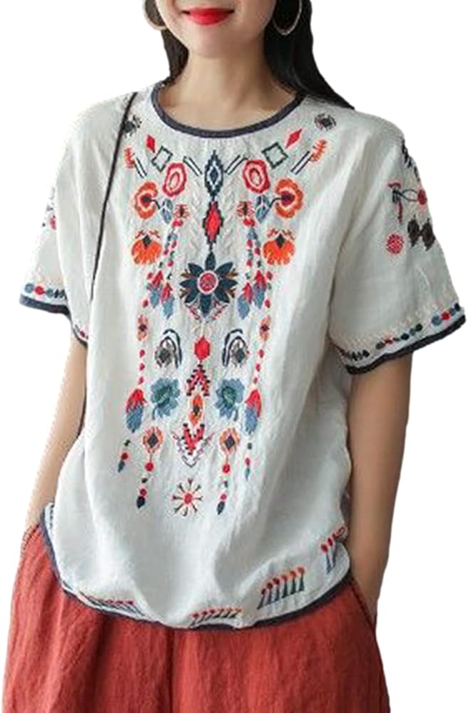 SeekMe Women's Embroidered Blouse Cotton Linen Short Sleeve Peasant Boho Mexican Tunic Top Casual T Shirt